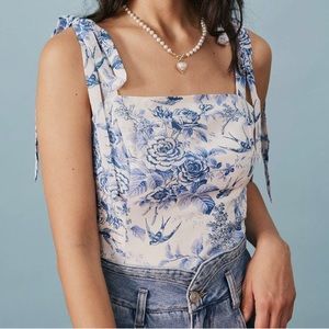 Blue tie strap smocked floral cami top